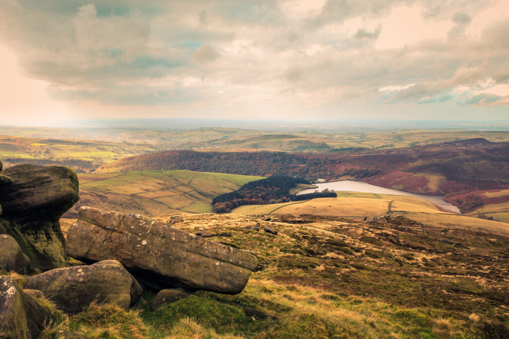 A view on Kinder Scout and Kinder Downfall in the Peak District.