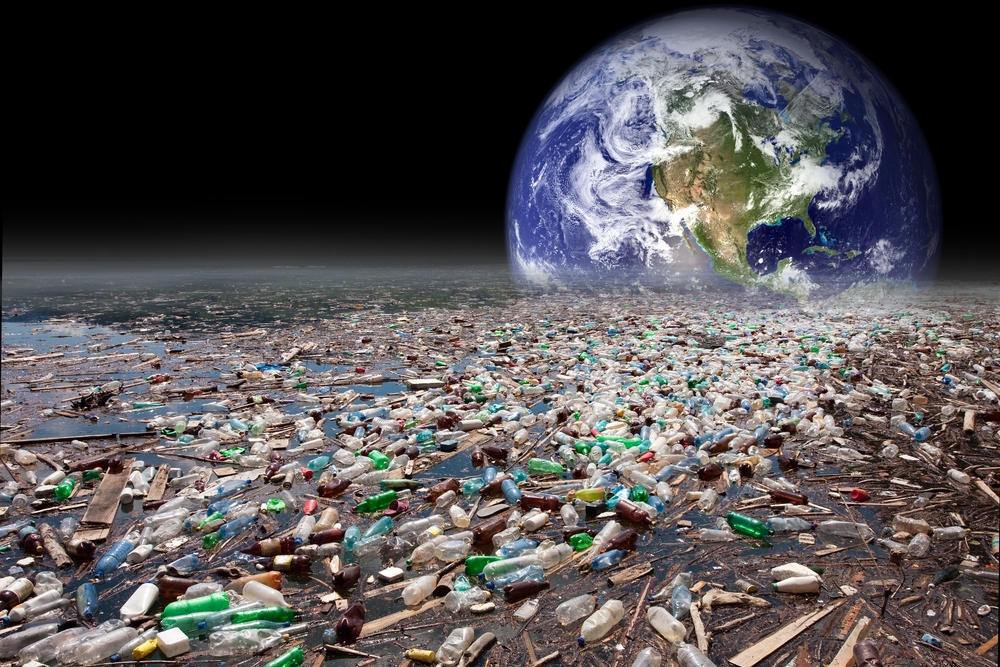 Our planet sinking in heavy water pollution with tons of plastic containers